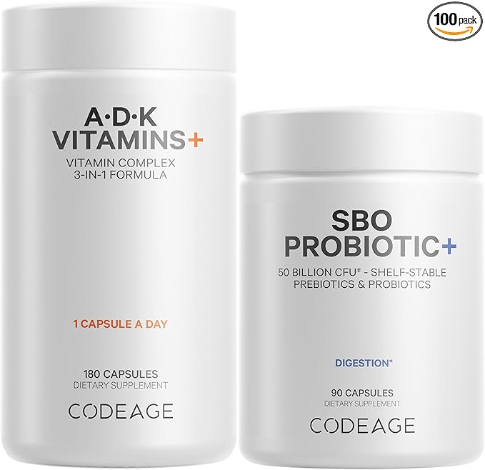 Codeage Daily ADK Vitamin &amp Probiotic Bundle – Vitamin A Retinyl Palmitate Vitamin D3 Cholecalciferol Vitamin K 50 Billion CFU SBO Probiotic Blend Non-GMO