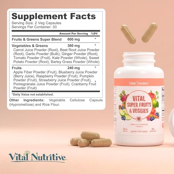 Vital Super Fruits &amp Veggies - Daily Superfood Capsules for Adults - Fruit &amp Vegetable Supplements to Boost Immunity &amp Energy - 2-in-1 Formula for Overall Wellness
