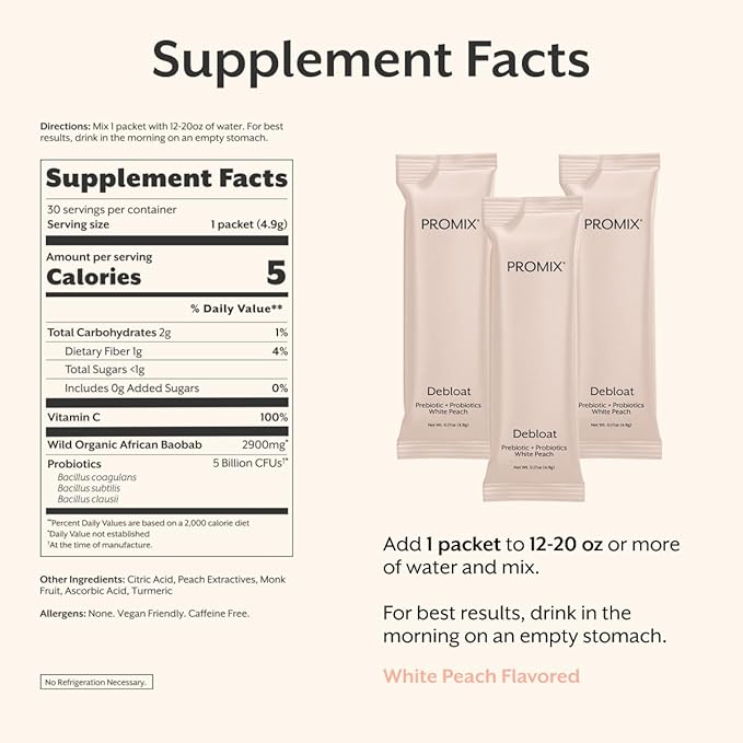 ProMix Nutrition Debloat Prebiotics and Probiotics Bloating Relief for Women Gut Cleanse Detox for Men and Immune Support - White Peach - 30 Servings (Pack of 30)