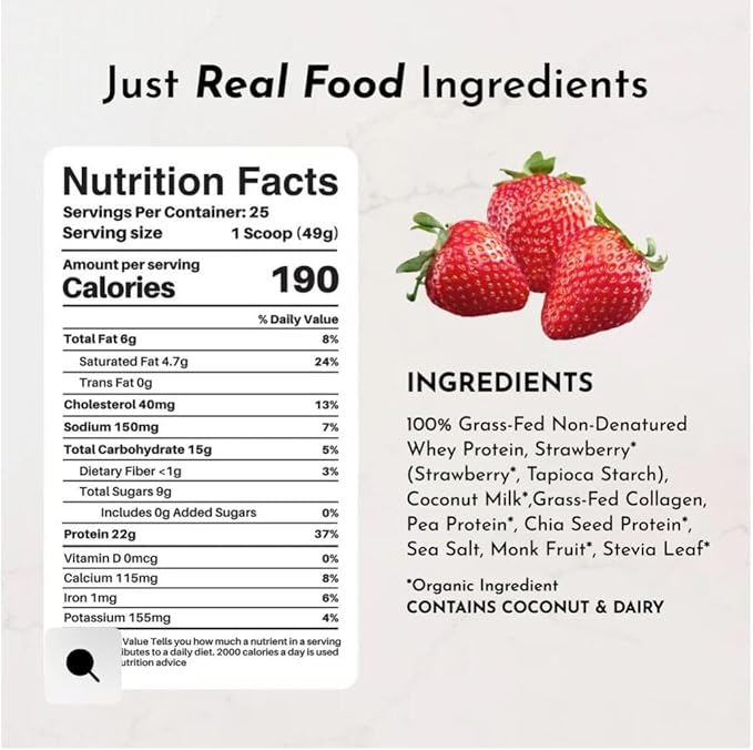 JUST INGREDIENTS Strawberries &amp Cream Protein Powder – 20-Serving Blend with 100% Grass-Fed Whey &amp Organic Plant Proteins – Real Strawberry Flavor – Supports Muscle Recovery Energy*