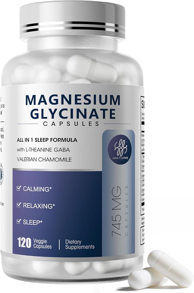 iMATCHME Magnesium Glycinate 850mg Capsules with L-Theanine Chamomile &amp GABA for Sleep Calmness Muscle Bone Health &amp Immune Support Magnesium for Women and Men Vegan High-Absorption 12
