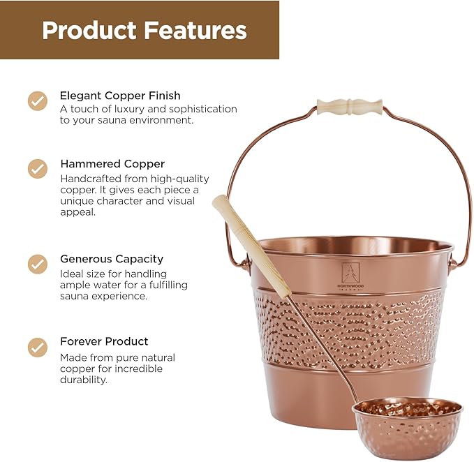 Sauna Bucket and Ladle Set - Handmade from 100% Pure Copper - Eucalyptus Wood Handles - 1 Gallon (4 Liters) Water Capacity