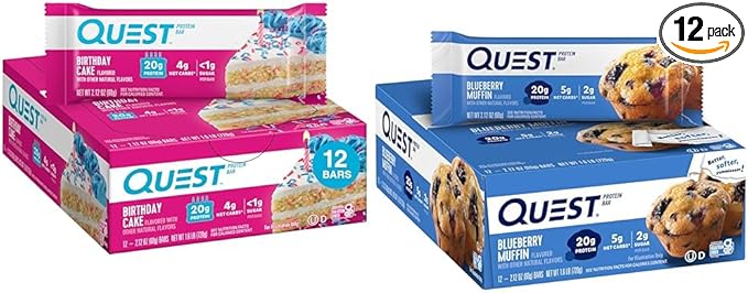 Quest Nutrition Birthday Cake Protein Bars High Protein Low Carb Gluten Free Keto Friendly 12 Count &amp Blueberry Muffin Protein Bars High Protein Low Carb Gluten Free Keto Friendly 12 Cou