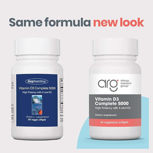 Allergy Research Group Vitamin D3 Complete 5000 - Delivers 125 mcg Vitamin D3 - with Vitamin A &amp K2 - Supports Bone Strength Immune Balance &amp Healthy Mindset - 60 Servings - 60 Capsules