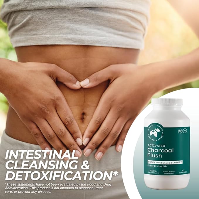 Mountain Meadow Herbs Activated Charcoal Flush – Natural Detox Cleanse Supplement for Digestion Gas Relief and Bloating Support – Activated Charcoal Capsules for Internal Cleansing 240ct