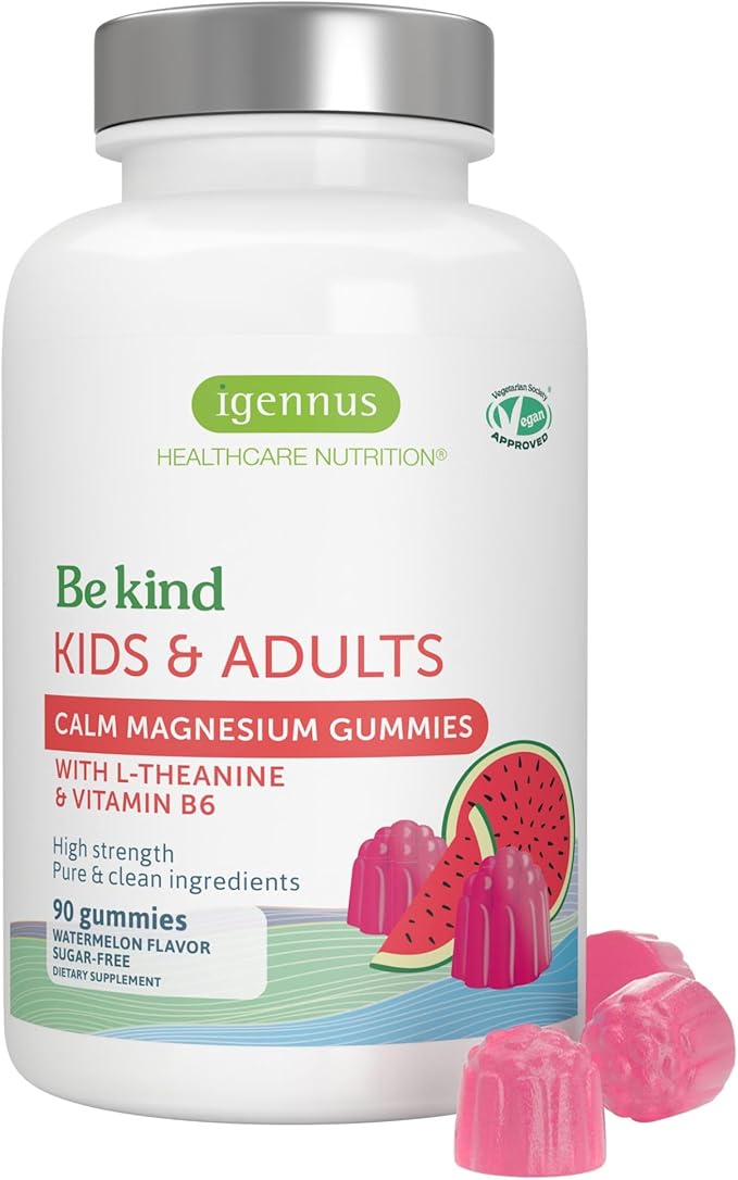 Igennus High Potency Calm Magnesium Gummies 60mg L-Theanine 100mg &amp Vitamin B6 3mg Daily Stress Support for Kids &amp Adults Clean Ingredients &amp Vegan Sugar-Free Watermelon Flavor 45-90