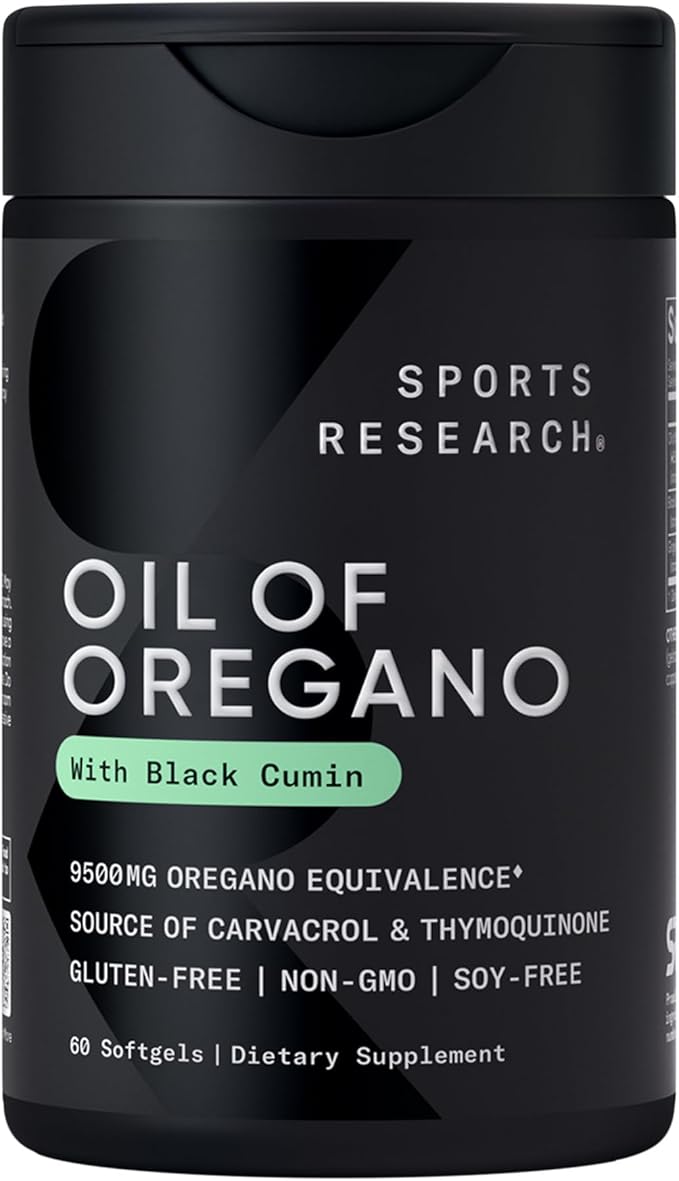 Sports Research® Oil of Oregano 9500mg w/Black Cumin Seed Oil &amp Ginger Oil - 3-1 Antioxidant Combination Supplement Rich in Thymoquinone &amp Carvacrol - Gluten Free · Non-GMO - 60 Softgels