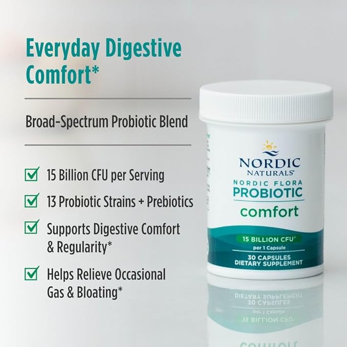 Nordic Naturals Nordic Flora Probiotic Comfort - 30 Capsules - 13 Probiotic Strains w/ 15 Billion Cultures - Supports Regularity &amp Digestive Comfort Alleviates Bloating - Non-GMO Vegan - 30 Serv