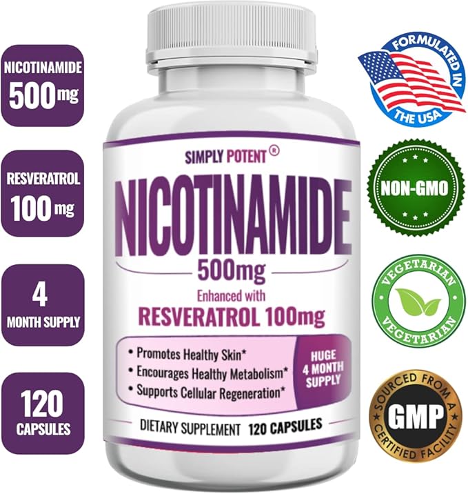 Nicotinamide 500mg with Resveratrol 100mg - 120 Veggie Capsules - Vitamin B3 Supplement Pills to Support NAD Skin Cell Health &amp Energy