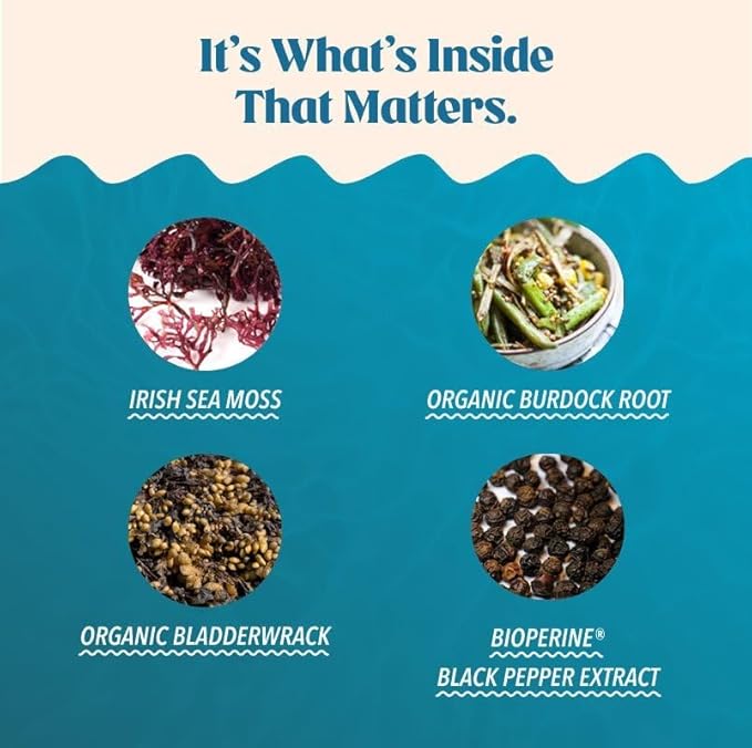 Akasha Superfoods Sea Moss Capsules Organic Irish Moss with Bladderwrack Root Burdock Root and BioPerine Skin Thyroid Digestion &amp Immunity Support for Women &amp Men Gluten Free Vegan 60