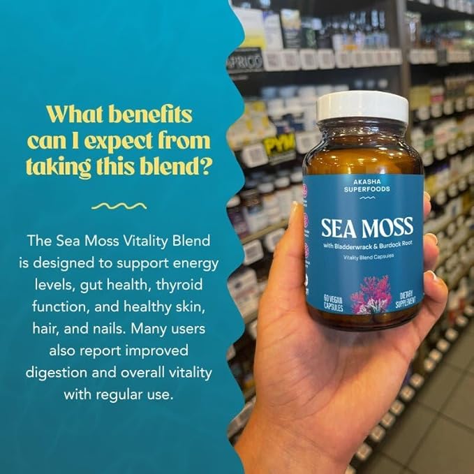 Akasha Superfoods Sea Moss Capsules Organic Irish Moss with Bladderwrack Root Burdock Root and BioPerine Skin Thyroid Digestion &amp Immunity Support for Women &amp Men Gluten Free Vegan 60