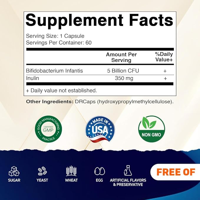 Vitamatic Bifidobacterium Infantis - 5 Billion per DR Capsule - 60 Count - Digestive Support - Made with Prebiotic Inulin Fiber - 2 Pack