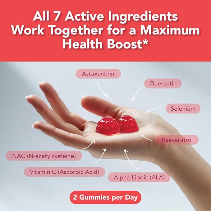 GOJOY 7-in-1 Sugar-Free NAC Gummies – NACsentials 600mg N-Acetyl Cysteine with Vitamin C ALA Quercetin &amp Astaxanthin – Antioxidant &amp Liver Detox Support – Vegan &amp Keto-Friendly – 60 Gumm