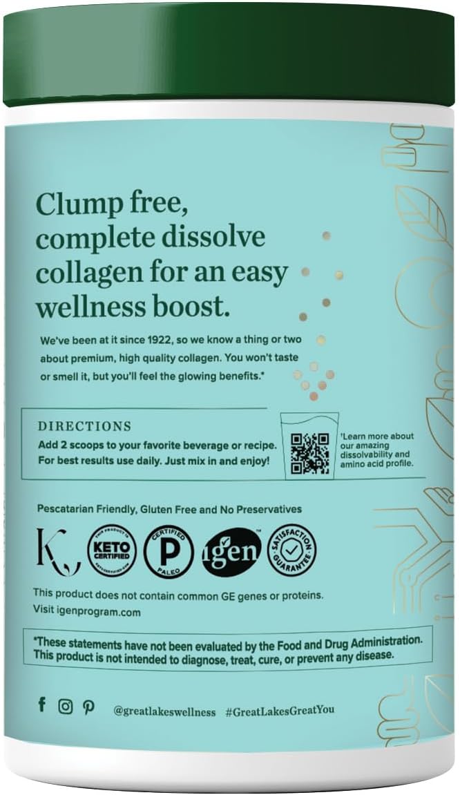 Great Lakes Wellness Sustainable Marine Collagen Peptides - Wild Caught MSC Certified - Unflavored Hydrolyzed Protein Powder - Support for Skin Hair Nails Joints &amp Digestion - iGen Non-GMO - 16