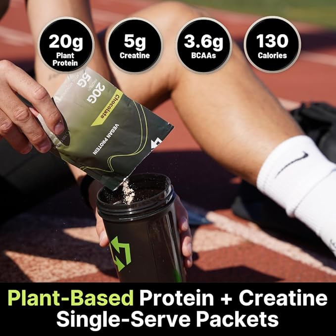 Nutrition On The Go Vegan Protein Powder Packets with Creatine – 20g Plant Proteins + 5g Creatine – Single-Serve Travel Protein Powder – All-Natural Gluten-Free – Chocolate – (60-Pack)