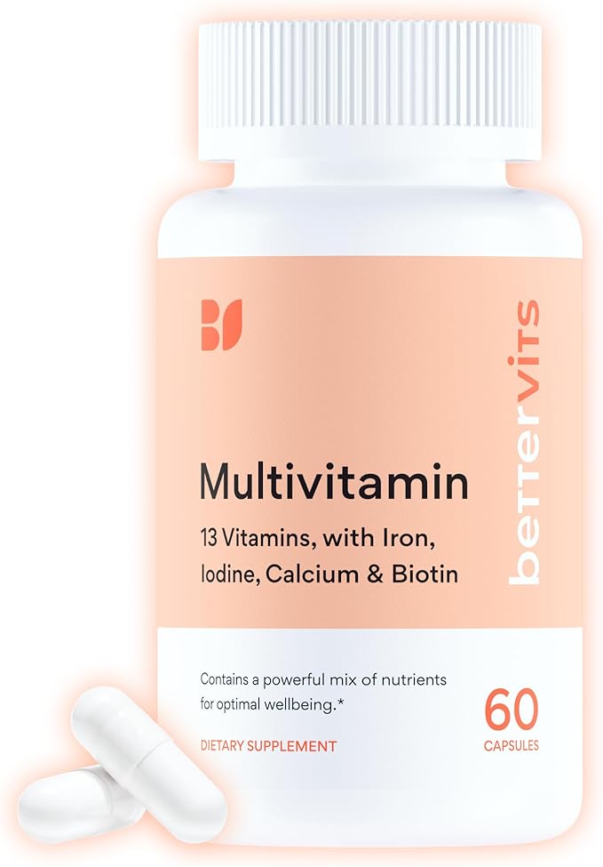 Bettervits Multivitamin for Women &amp Men | Womens Daily Multivitamin with 13 Essential Vitamins Iron Iodine Calcium and Biotin | Vitamins A K2 D3 C B1 B2 B3 B5 B6 B7 B9 B12 | 60 Capsul