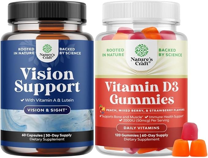 Bundle of Complete Eye Health Supplement for Adults - Lutein 20mg Per Serving for Vision Dry Eyes &amp Blue Light Protection and Vitamin D3 Gummies with D3 2000IU per Serving Bone Muscle &amp Immune