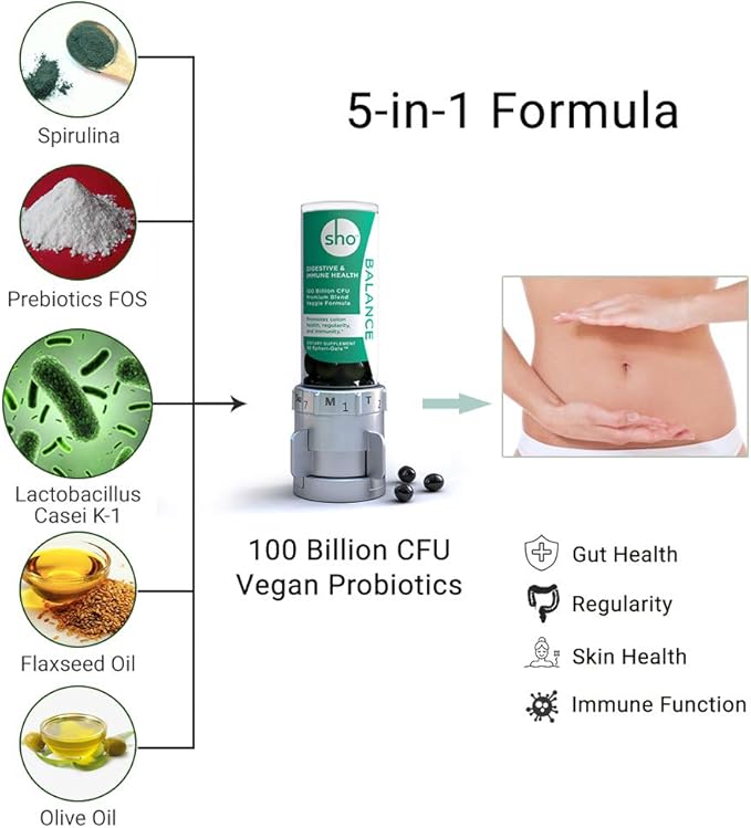 SHO Balance 100 Billion CFU Prebiotics &amp Probiotics for IBS Bloating Constipation Digestive Health Gut Health &amp Weight Loss Vegan Supplement for Women &amp Men with 2 Refill Bottles