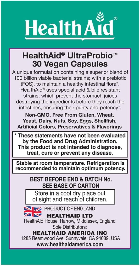 HealthAid UltraProbio 100 Billion 30ct Once Daily Capsules Optimum Support 100 Billion with Prebiotic Acid &amp Bile Resistant Non-GMO