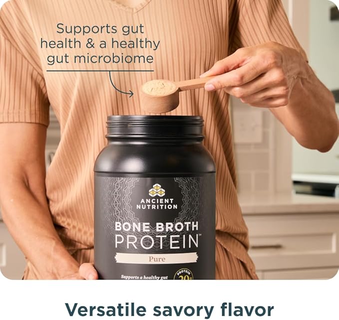 Ancient Nutrition Grass Fed Cage Free Bone Broth Protein Powder 20g Protein Hydrolyzed Collagen Peptides Keto &amp Paleo Friendly Supports Joint &amp Gut Health Pure 40 Servings