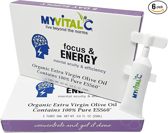 MyVitalC Focus &amp Energy Supplement - Pure ESS60 in Organic Extra Virgin Olive Oil - 30 Day Supply 150 ML - Pack of 6