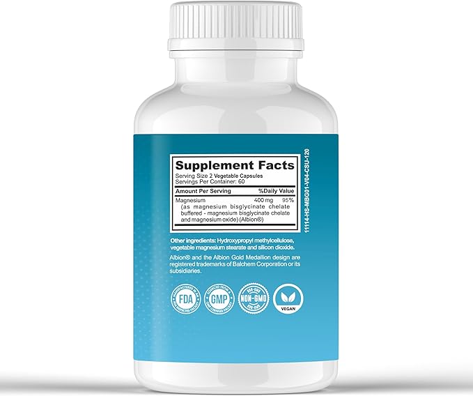 Magnesium Glycinate (Chelate) – High Absorption - Non GMO – Vegan | Supports Calm Mood Sleep | Supports Muscle Relaxation &amp Stress Management | 120 Count