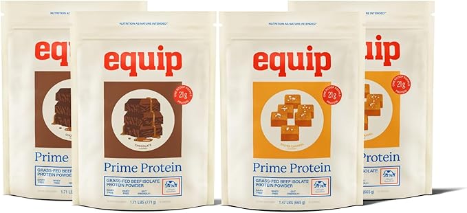 Equip Foods Chocolate Prime Protein Powder - Salted Caramel (x2) &amp Chocolate (x2) - Grass-Fed Isolate Beef Protein Powder - Paleo and Gluten Free - Helps Build and Repair Tissue