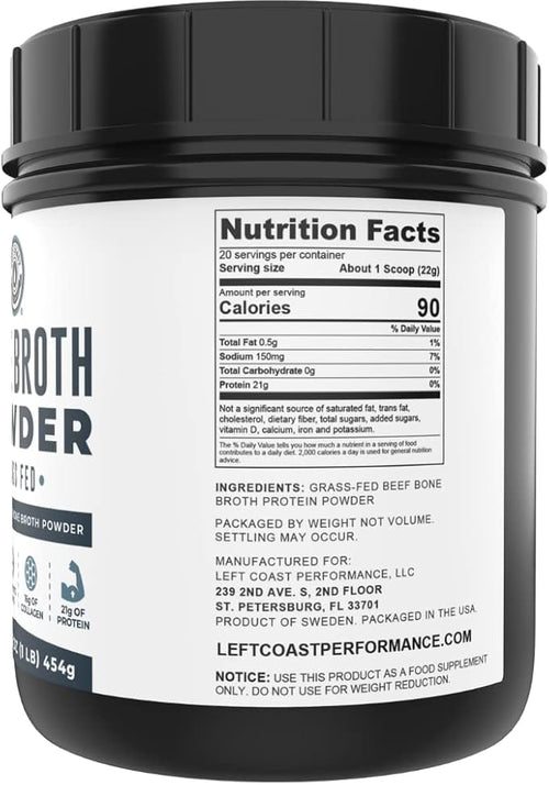 16oz Bone Broth Protein Powder From Grass Fed Beef - Unflavored Single Ingredient - Rich in Collagen Glucosamine Gelatin Paleo Protein Powder Gut-Friendly Non-GMO Ingredients Dairy-Free Protein