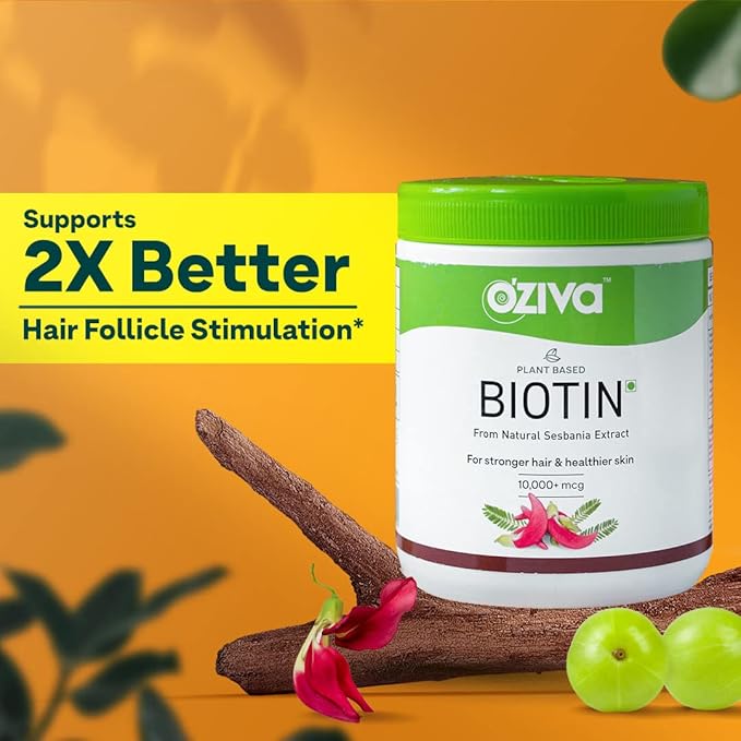 OZiva Plant Based Biotin Powder 10000Mcg+ With Amla For Men &amp Women Better Hair Growth Hairfall Control &amp Healthier Skin Certified Clean &amp Vegan 125 Gm