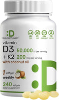 DEAL SUPPLEMENT Vitamin D3 50000 IU + K2 MK7 200mcg Softgels 240 Count | 2-in-1 Complex with Virgin Coconut Oil | Supports Heart Bone Teeth &amp Immune Health | Easy to Swallow