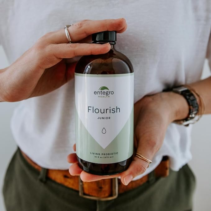 ENTEGRO Flourish Junior Liquid Probiotic &amp Postbiotic Supplement - Glass | 11 Live Cultures | Gut &amp Digestive Health for Women Men &amp Kids | Organic Vegan Allergen Free | USA Made | 16 f