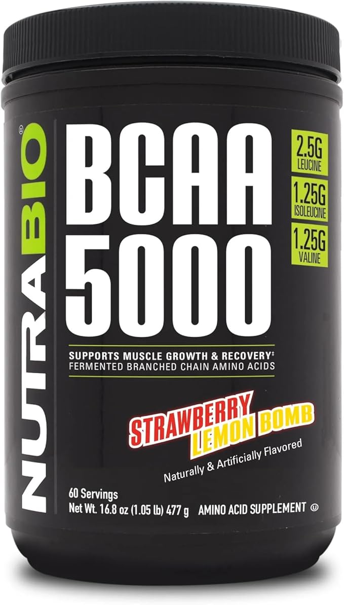 NutraBio BCAA 5000 Powder - Vegan Fermented BCAAs - Supports Lean Muscle Growth Recovery Endurance - 60 Servings - Strawberry Lemon Bomb