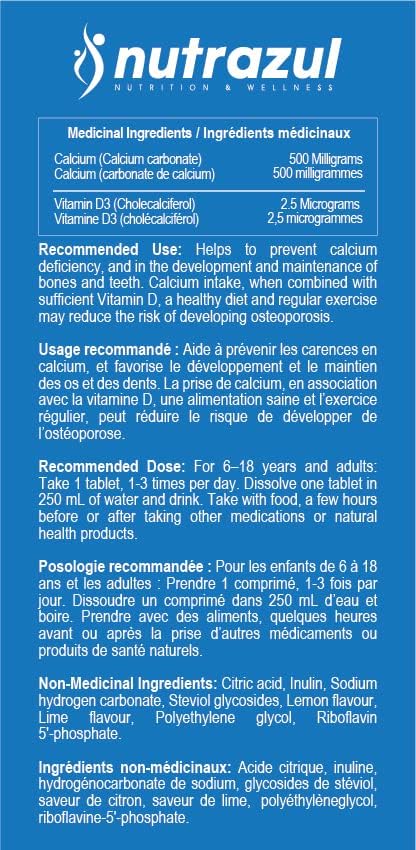 Nutrazul Calcium + Vitamin D3 Effervescent Tablets for Bone Health Maintenance 500 mg Calcium and 2.5 mcg Vitamin D3 Suitable Supplements for Women &amp Men Lemon-Lime Flavor 60 Tablets