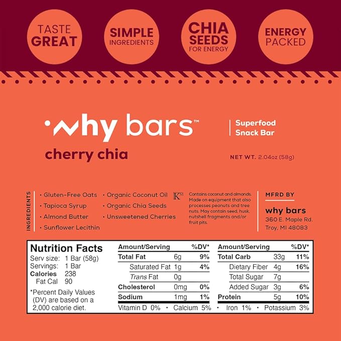 Why Bars Superfood Protein Bars Variety Pack 2.04 Ounce Bars (Pack of 12 Protein Bars) - Protein Bar Superfood Gluten Free Non GMO Organic Vegan Simple Ingredients