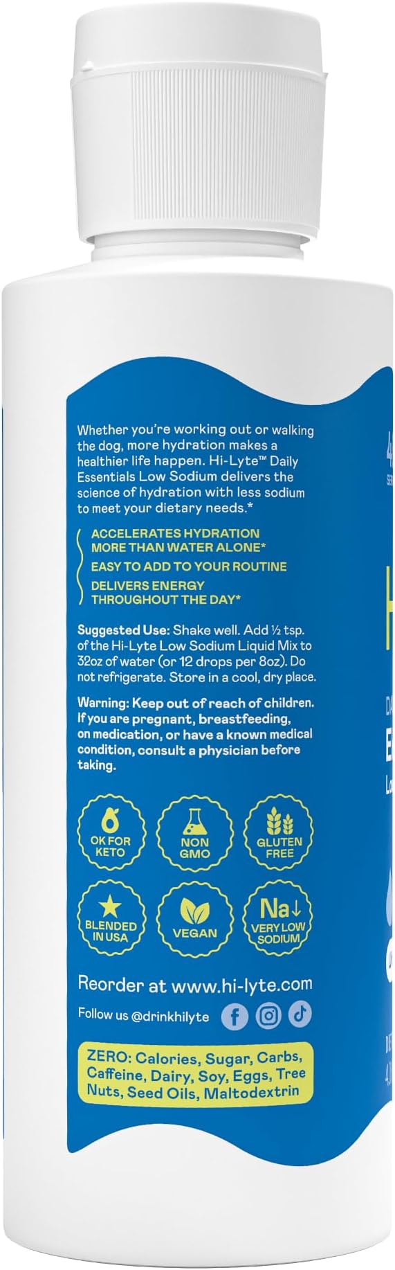 Hi-Lyte Low Sodium Electrolyte Supplement for Immune Support Fasting and Rapid Hydration | 48 Servings | Magnesium Potassium Zinc | Unflavored Mineral Taste Drops