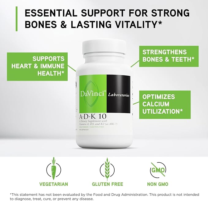 DAVINCI Labs ADK 10 - Helps Support Bone Heart &amp Immune Health - Dietary Supplement with Vitamins A D3 &amp K2 (as MK-7) - Vegetarian Gluten Free &amp Soy Free - 90 Capsules