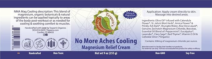 Taspen’s Organics Magnesium No More Aches Cooling Cream – Topical Magnesium Cream for Muscle Relief Sore Muscles &amp Post-Workout Recovery with Arnica Herbs &amp Essential Oils