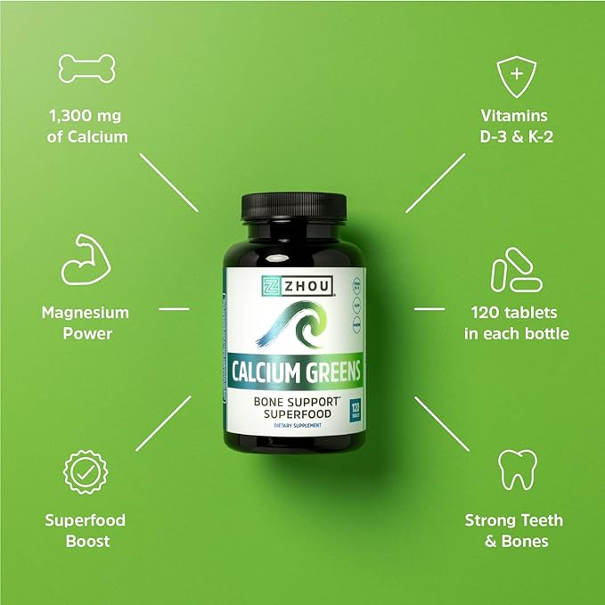 Zhou Calcium Greens - Calcium Supplements for Women &amp Men Bone Strength Support Supplement with Vitamin D3 Bone Support with Algae &amp Vitamin K2 &amp D Plant Based - 120 Tablets
