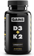 Gains in Bulk D3 K2 Supplement Vitamin D3 5000 IU Vitamin K2 100 Mcg Vitamin A 5000 IU Algae Oil with Omega 3 Wellness Support for Men &amp Women Gluten Free Vegan Non GMO 60 Softgels
