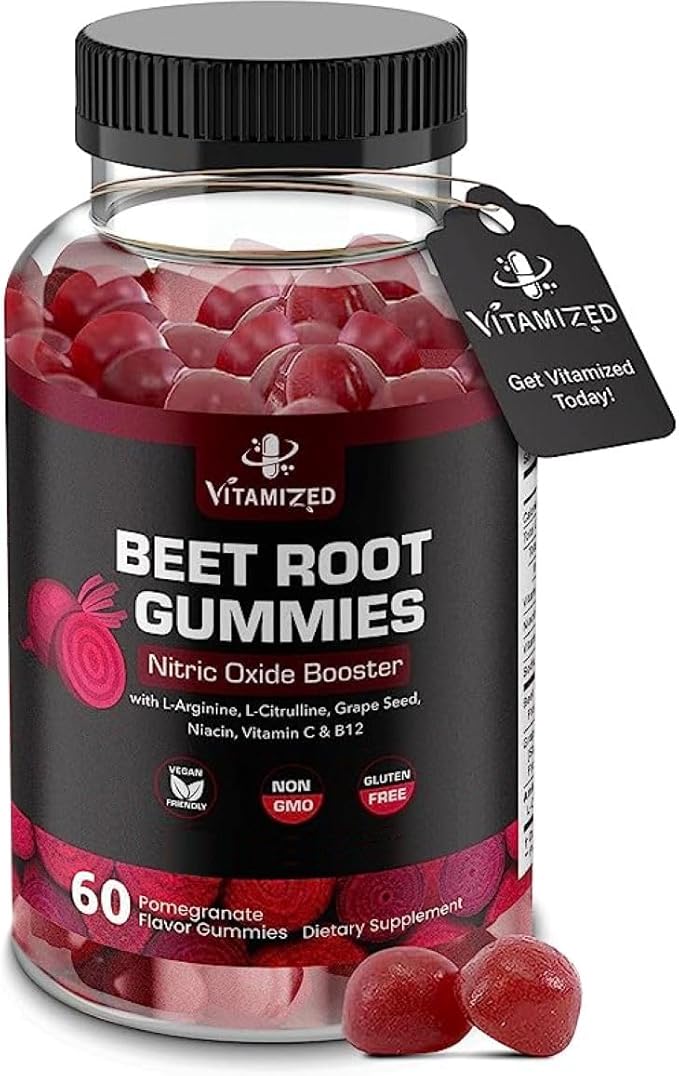 Beet Root Gummies - Super Nitric Oxide Beets Supplement - Red Beetroot Heart Chews with Grape Seed Power &amp B12- Pomegranate Flavor 60 Chewables Beets