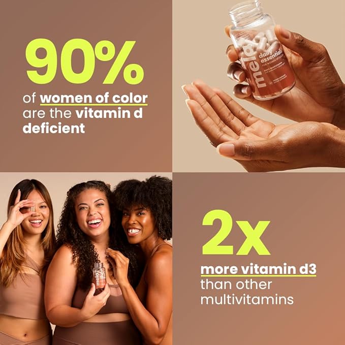Mela Daily Essentials Multivitamin for Melanated Women - High-Dose Vitamin D3 and B12 Probiotics Lion's Mane Ceylon Cinnamon - Vegan Gluten Free Non-GMO 30 Day Supply (60 Capsules)