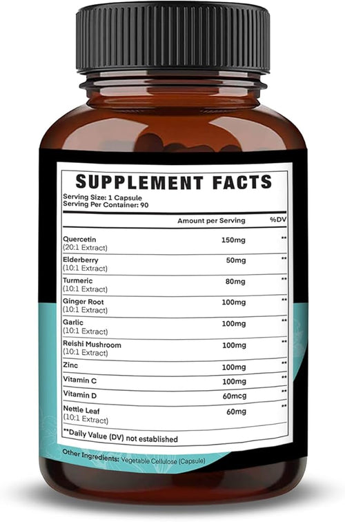 All-in-1 8100mg Highest Potency Quercetin Elderberry Turmeric Reishi Mushroom Vitamin C D Ginger Root Zinc Nettle Leaf - Immune Antioxidant &amp Overall Health Support - 90 Vegan Capsules