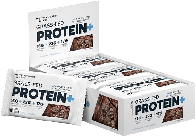 Transparent Labs Protein+ Bars - Whole-Food Protein Bars w/ 15g+ Grass-Fed Whey &amp Egg Whites Protein Natural Peanut &amp Almond Butter No Artificial Sweeteners - Sea Salt Brownie 12 Bars