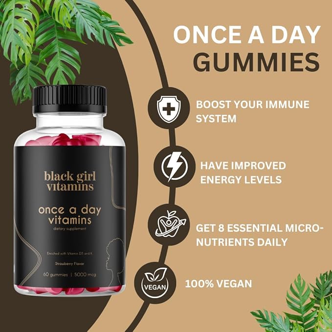 Black Girl Vitamins Once a Day - Womens Multivitamin Gummy - Vitamin A B C E and Zinc. Multivitamin for Women Immune Support. Vegan Gluten-Free. Made in The USA (30 Day Supply Strawberry)