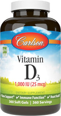 Carlson - Vitamin D3 1000 IU (25 mcg) Bone Health Muscle Health Cholecalciferol Vitamin D Supplements Vitamin D3 Soft Gels 360 Softgels