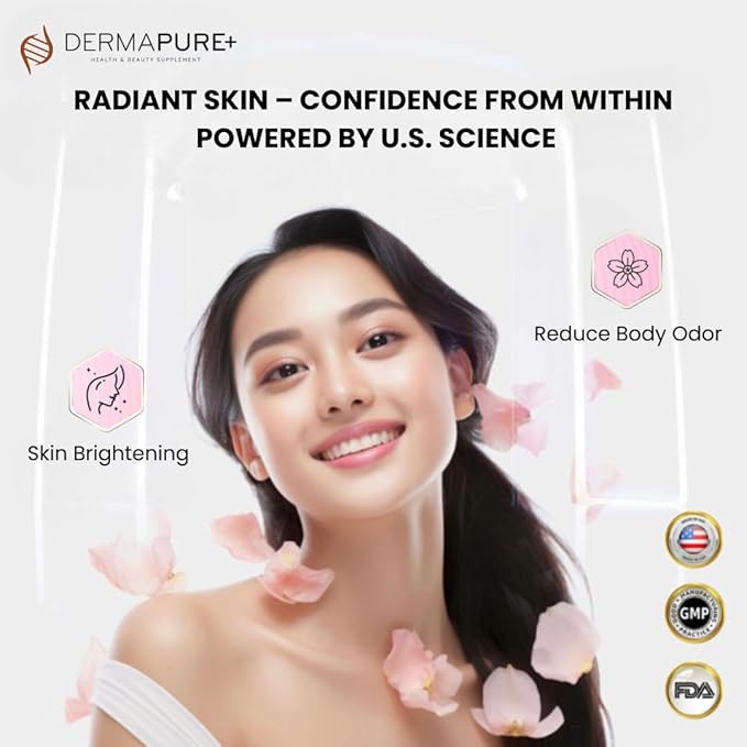 Dermapure Glutathione Whitening Pills 2-in-1 600mg with Rose Oil Extract – Skin Lightening &amp Deodorant Supplement - Dark Spots Acne Scars &amp Hyperpigmentation – Made in USA 60 Capsules (1 Pa