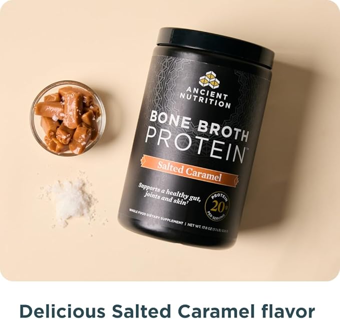 Ancient Nutrition Bone Broth Protein Powder Salted Caramel 19g Protein per Serving Beef Supports Healthy Skin Gut Health Joint Supplement Gluten Free Paleo and Keto Friendly 20 Servings