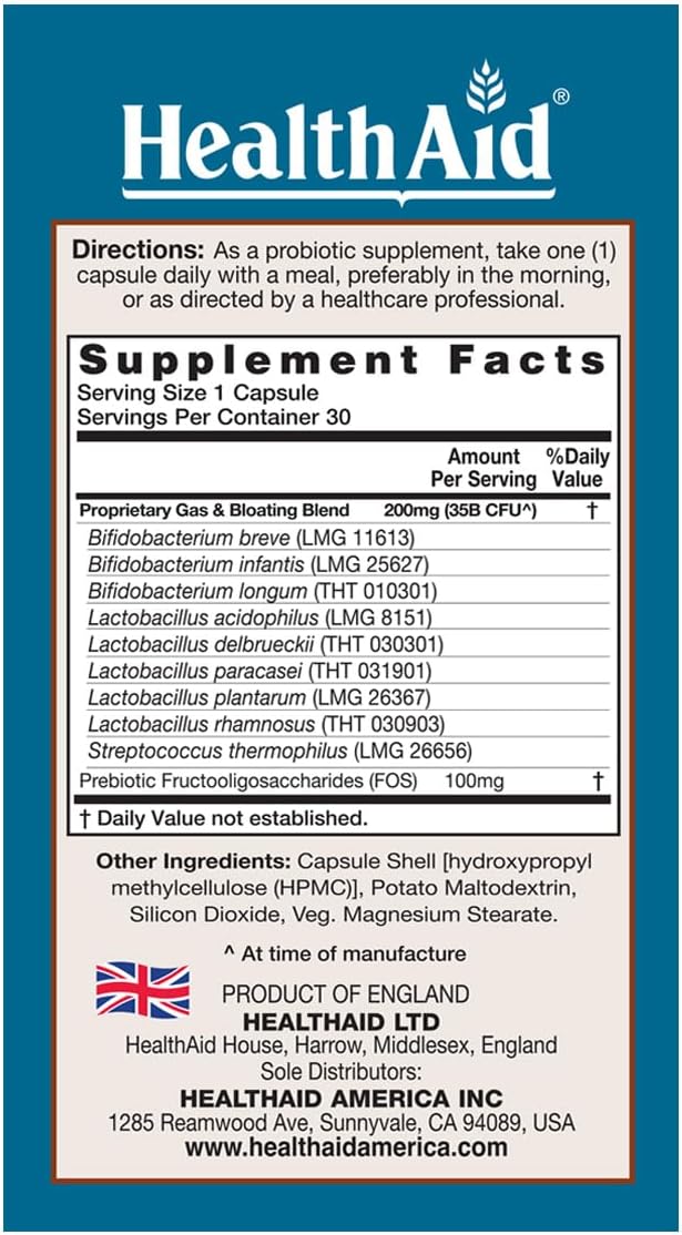 HealthAid Title: GasProbio 35 Billion CFU 9‑Strain Vegetarian Probiotic + Prebiotic 30 Capsules | Acid &amp Bile Resistant Non‑GMO Digestive &amp Gas Support
