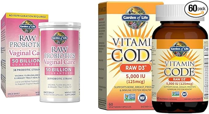 Garden of Life Probiotics Vaginal Care with 50 Billion CFU - 30 Capsules and Vitamin D3 5000 IU with Probiotics - 60 Vegetarian Capsules Bundle