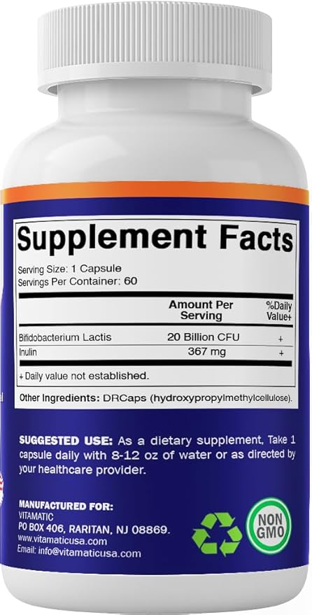 Vitamatic Bifidobacterium lactis - 20 Billion per DR Capsule - 60 Count - Digestive Support - Made with Prebiotic Inulin Fiber - 2 Pack (120 Count)
